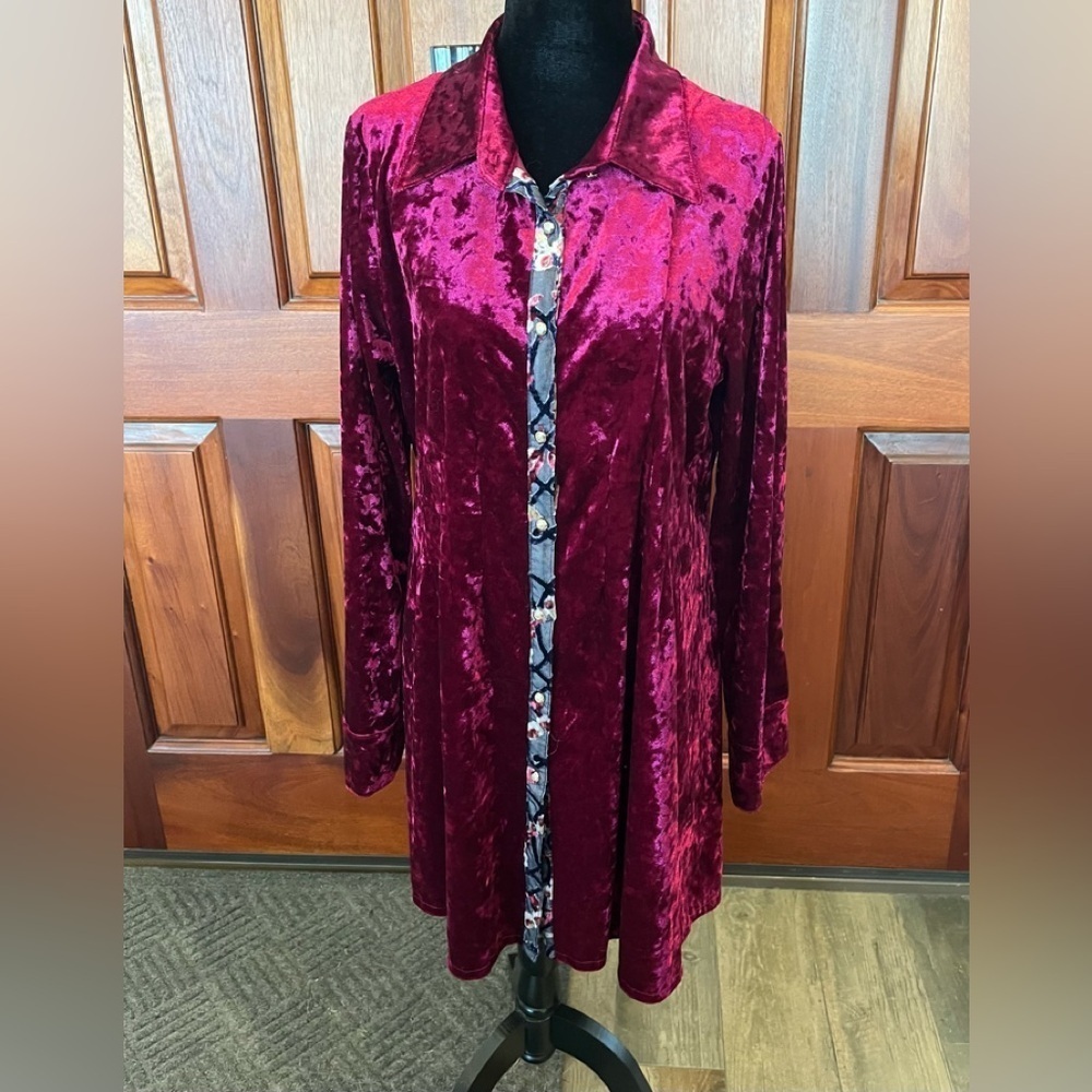 DOR DOR Couture -Sz M Art-to-Wear Velvet Burnout A-Line Lux Long Tunic Shirt Top